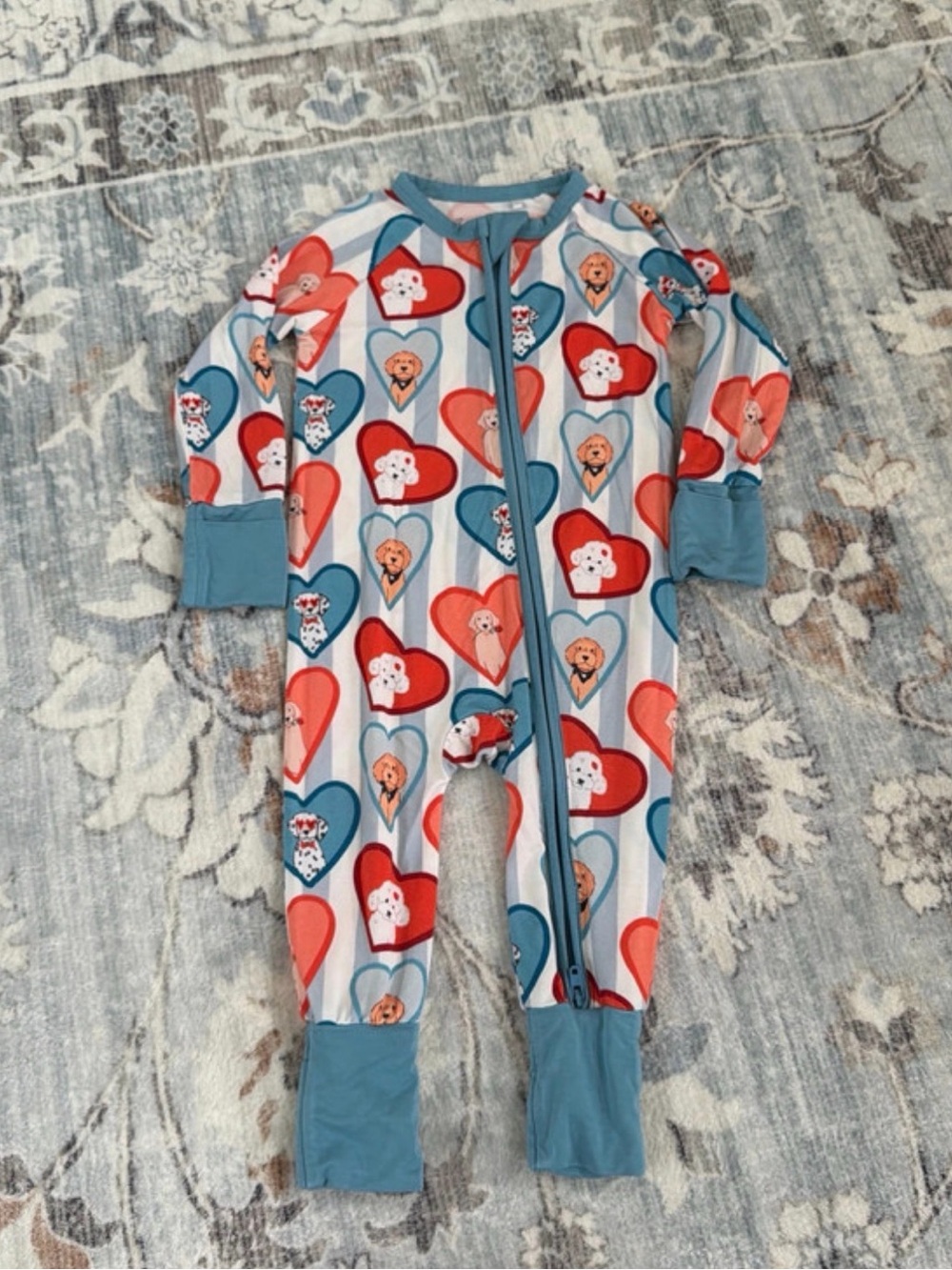 Blue Heart & Puppy Print Kids Footie Pajamas